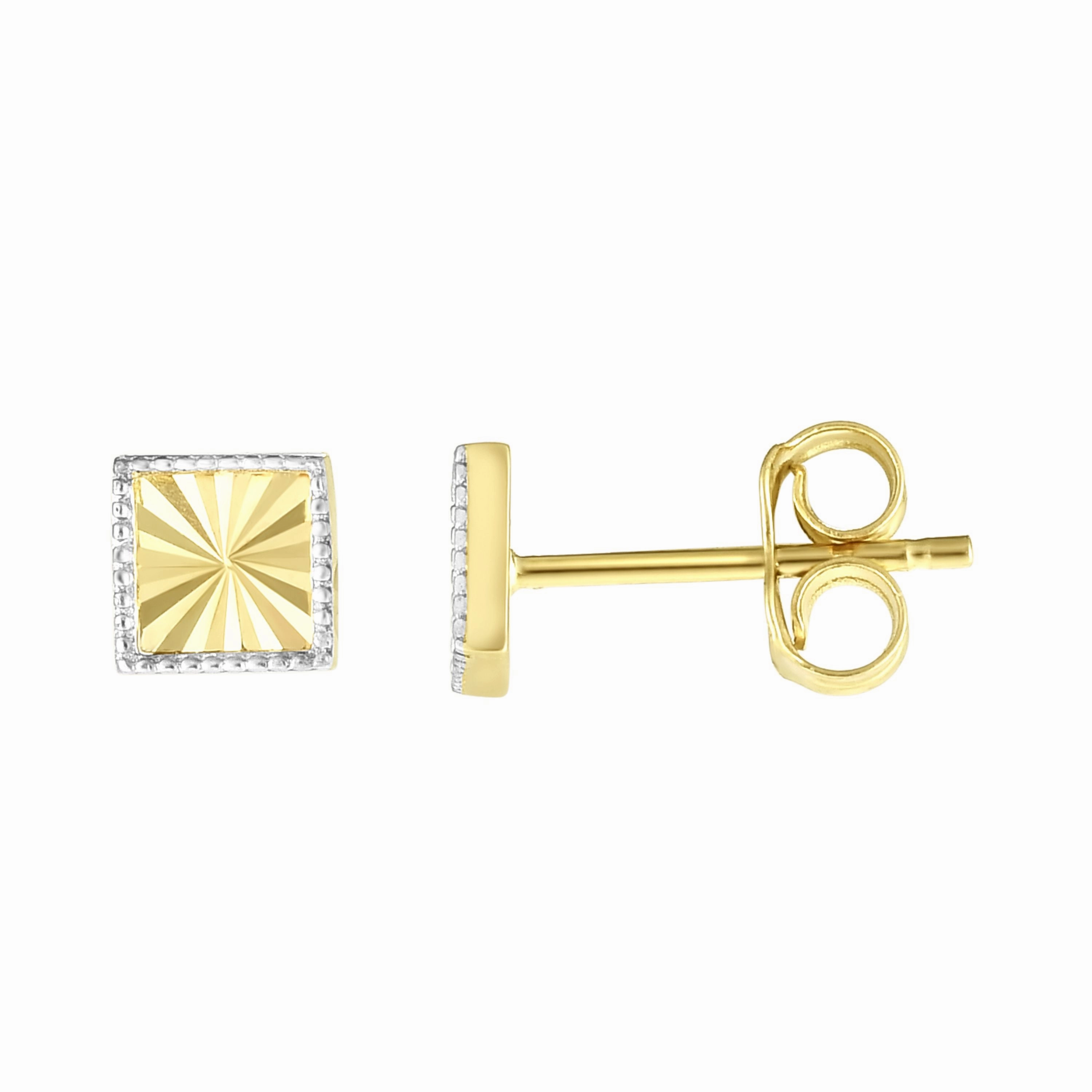 14K Gold Diamond Cut Square Stud Earring