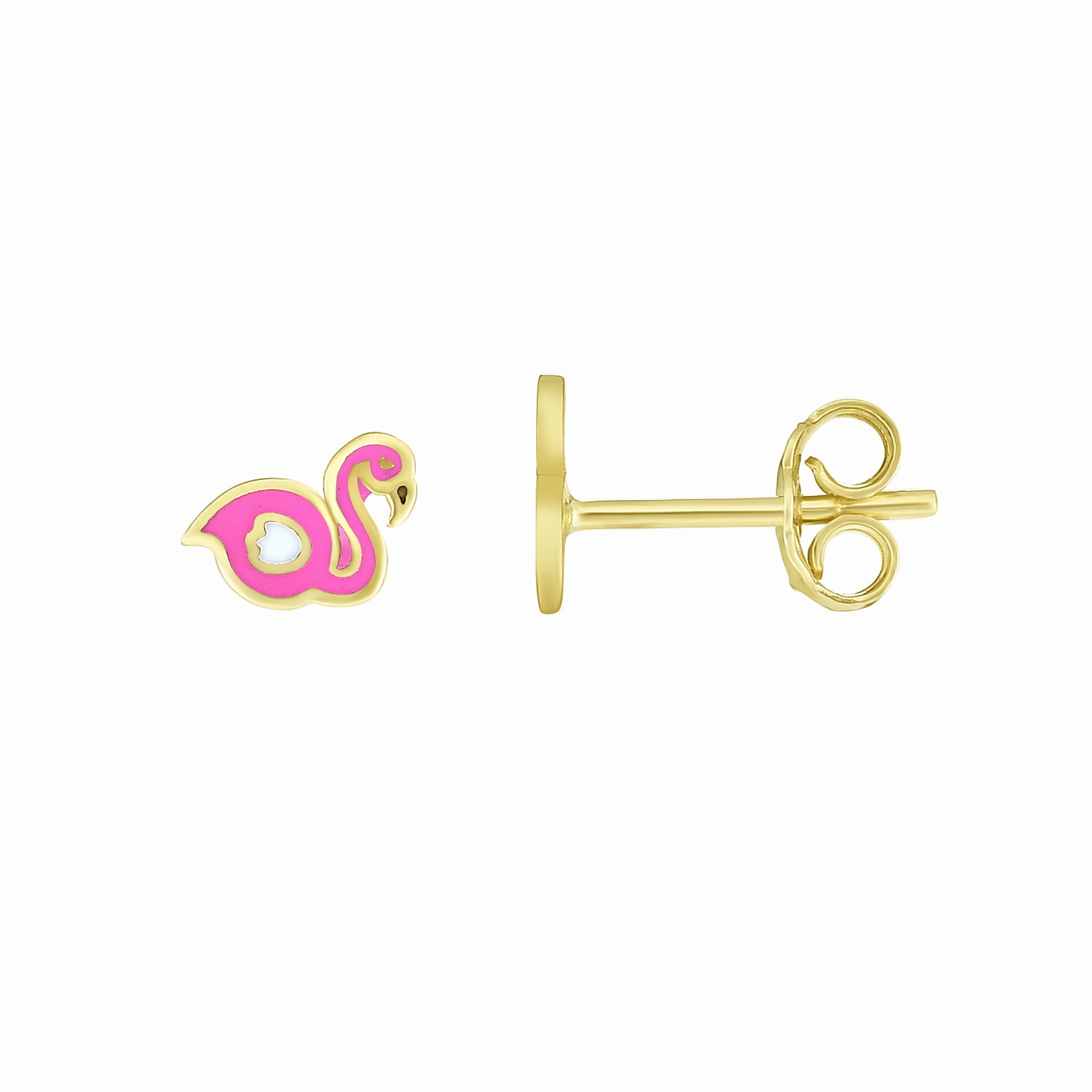14K Gold Enamel Flamingo Stud Earring