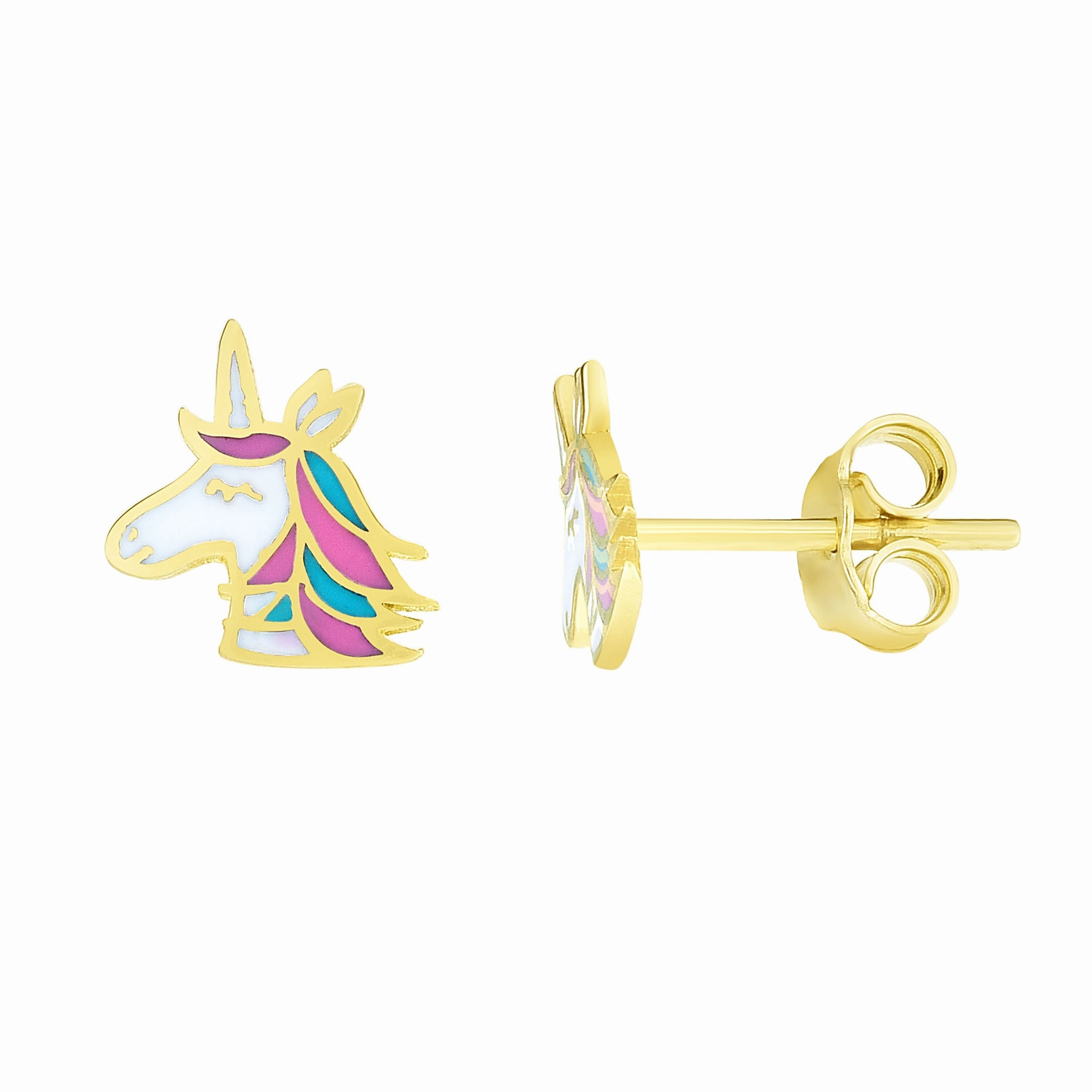 14K Gold Enamel Unicorn Stud Earring