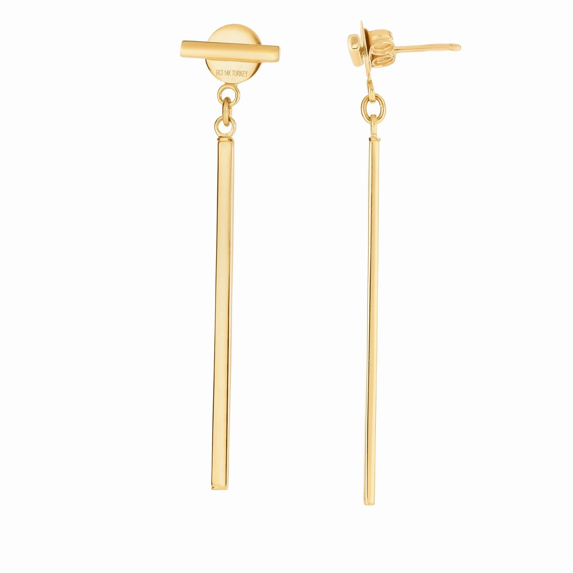 14K Gold Polished Bar with Horizontal Post Linear Drop Earring