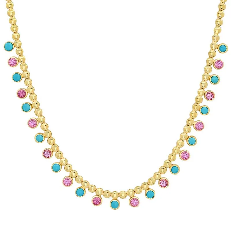 Bezel Tennis Necklace with 1/3 Pink Sapphire & Turquoise Bezel Accents