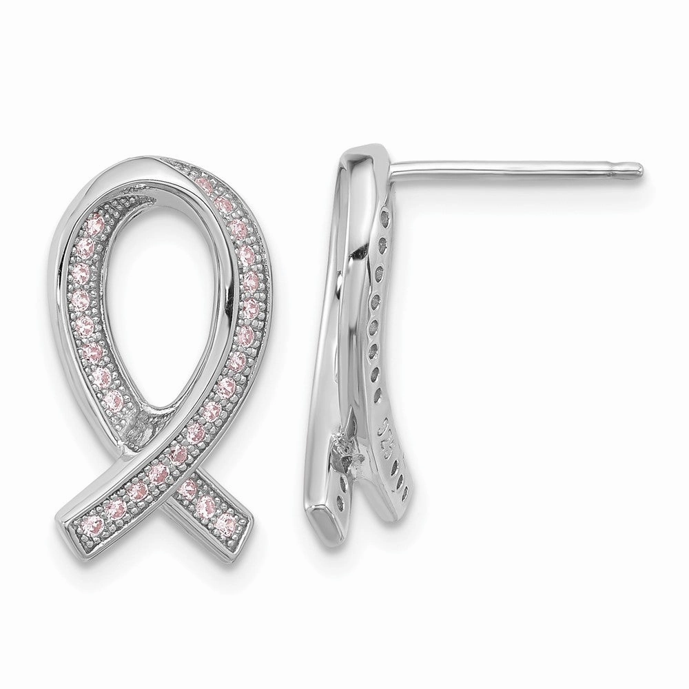 Brilliant Embers Sterling Silver Rhodium-plated 52 Stone Micro Pav Pink CZ Awareness Ribbon Post Earrings