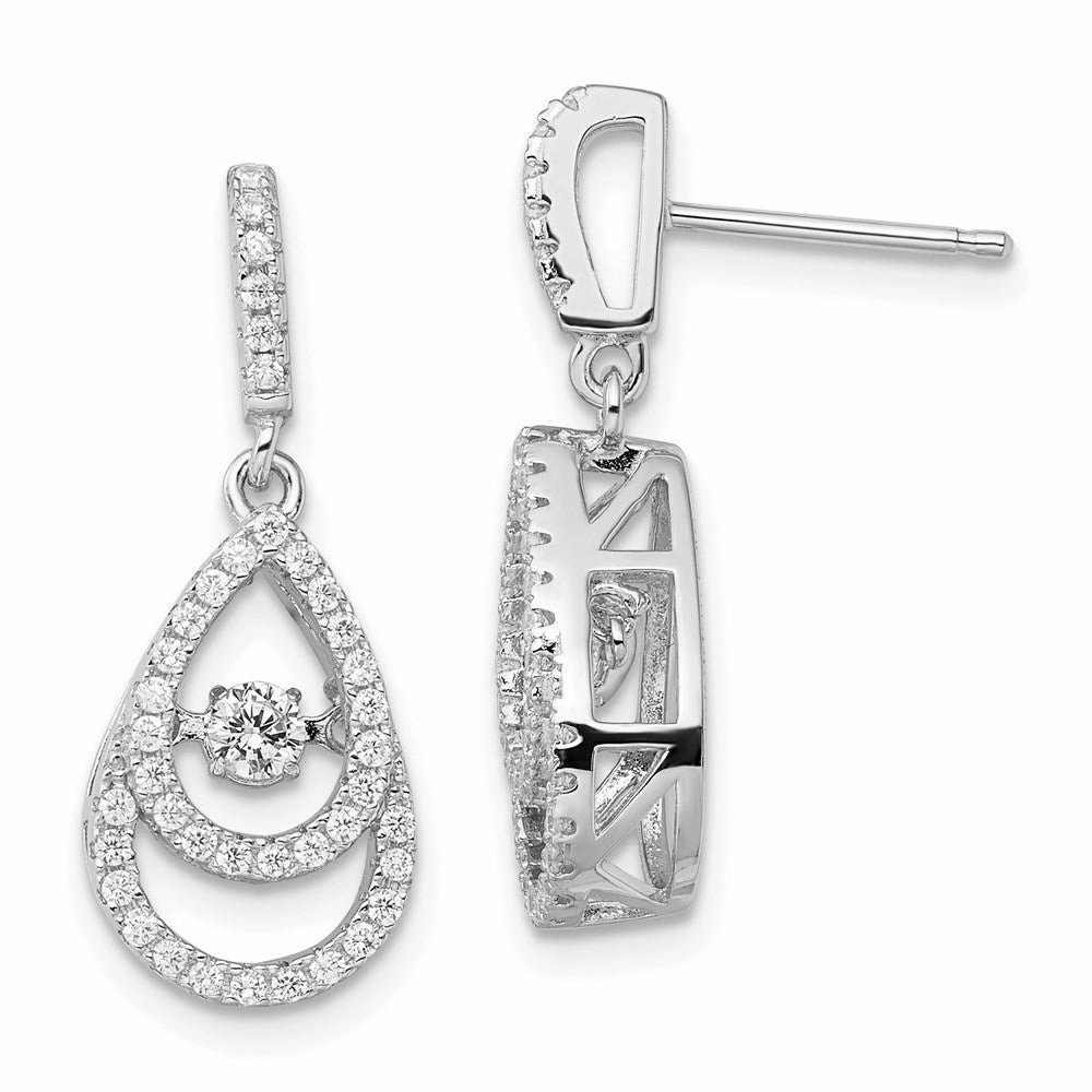 Brilliant Embers Sterling Silver Rhodium-plated 82 Stone CZ Moving Center Pear Shaped Vibrant CZ with Micro Pav CZ Dangle Post Earrings
