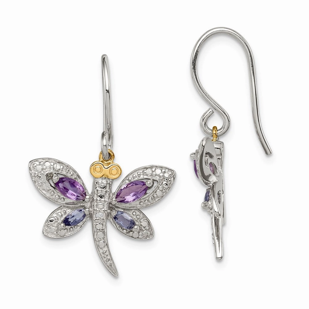 Brilliant Gemstones Sterling Silver with 14K Accent Rhodium-plated Amethyst and Iolite and Diamond Dragonfly Earrings