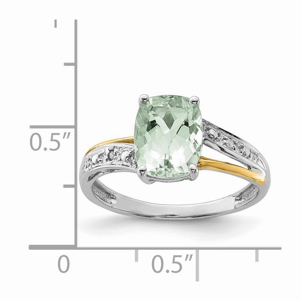 Brilliant Gemstones Sterling Silver with 14K Accent Rhodium-plated Green Quartz and Diamond Ring