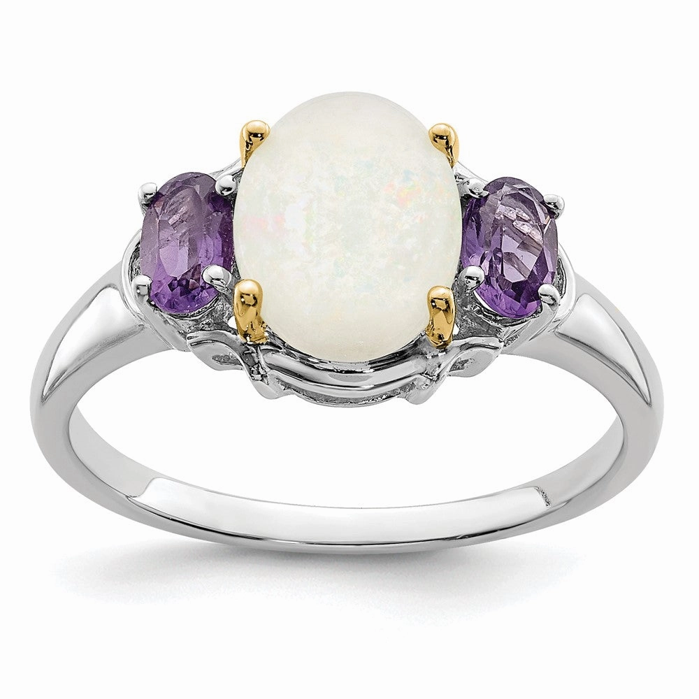 Brilliant Gemstones Sterling Silver with 14K Accent Rhodium-plated Opal and Amethyst Ring