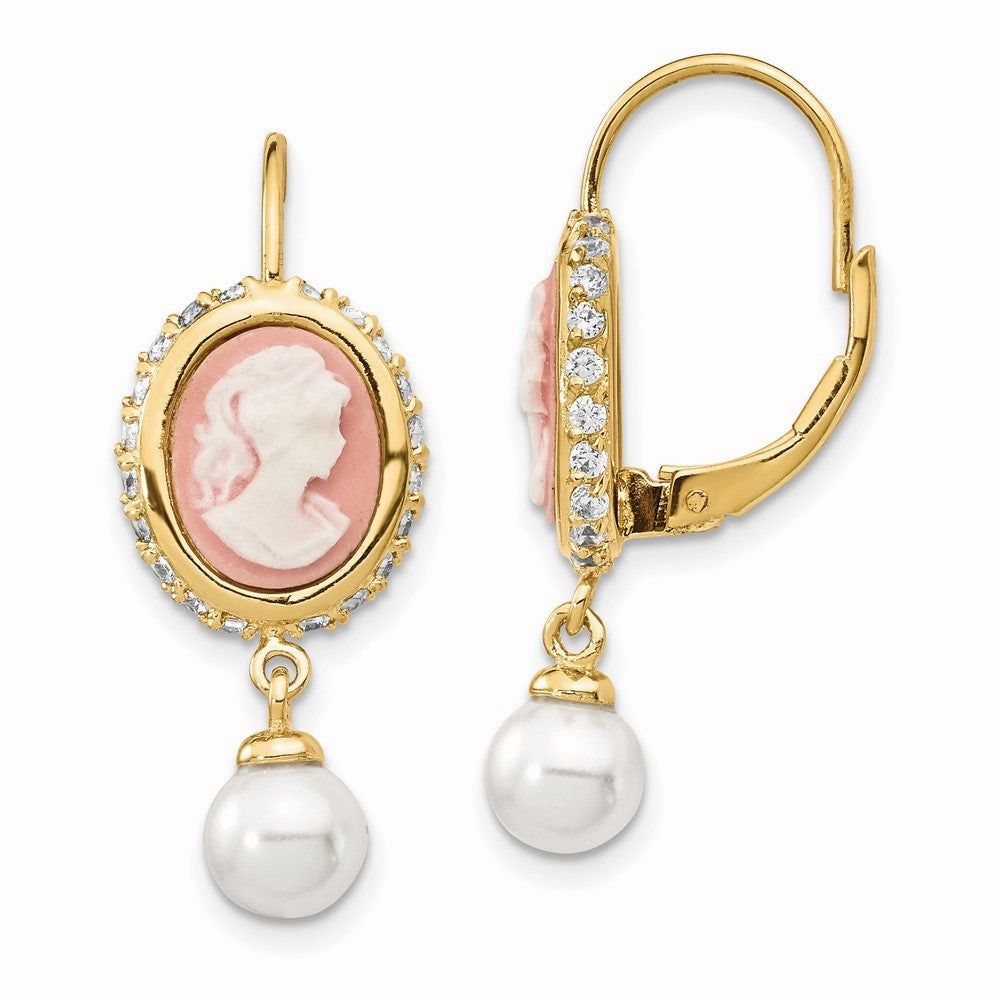 Cheryl M Sterling Silver Gold-plated Glass Pearl Brilliant-cut CZ & Resin Cameo Leverback Dangle Earrings