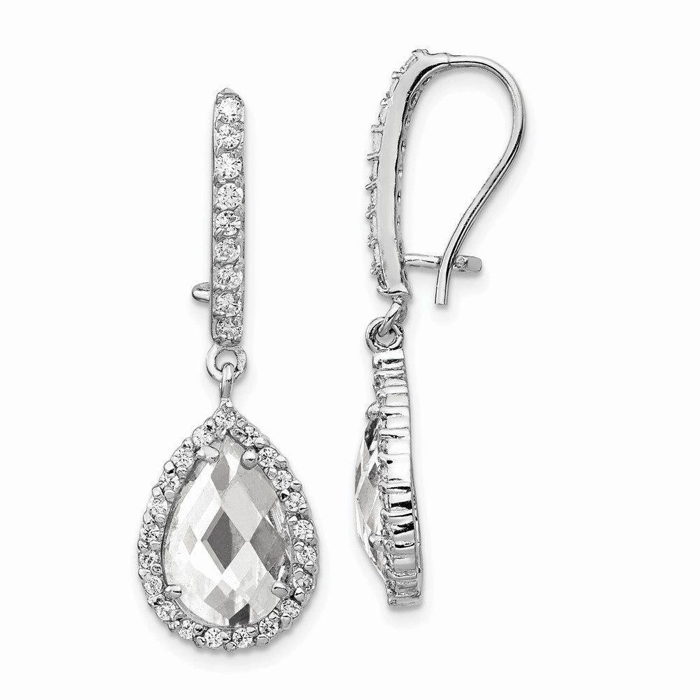 Cheryl M Sterling Silver Rhodium-plated Checkerboard-cut Pear Shaped and Brilliant-cut CZ Halo Kidney Wire Dangle Earrings