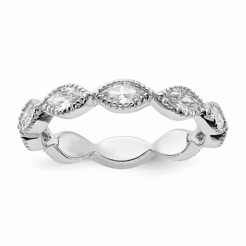 Cheryl M Sterling Silver Rhodium-plated Polished and Beaded Navette CZ Ring