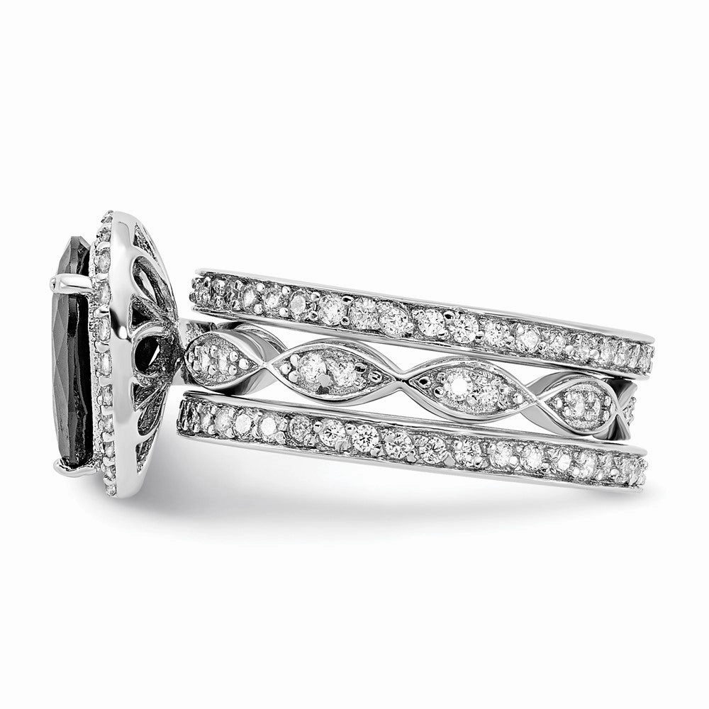 Cheryl M Sterling Silver Rhodium-plated Polished Black and White CZ Teardrop Halo 3 Ring Set
