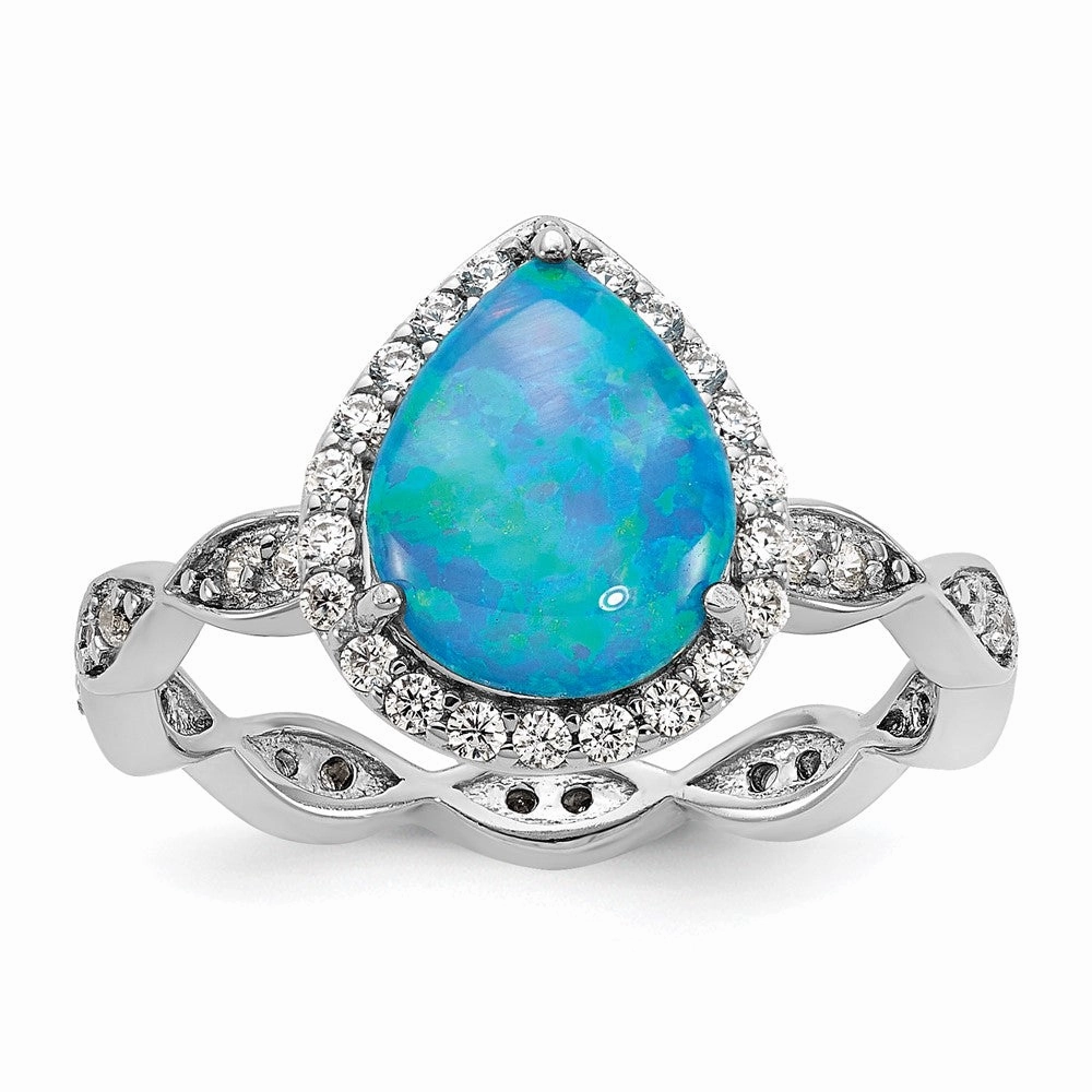 Cheryl M Sterling Silver Rhodium-plated Polished Blue Lab Created Opal and CZ Teardrop Halo Ring