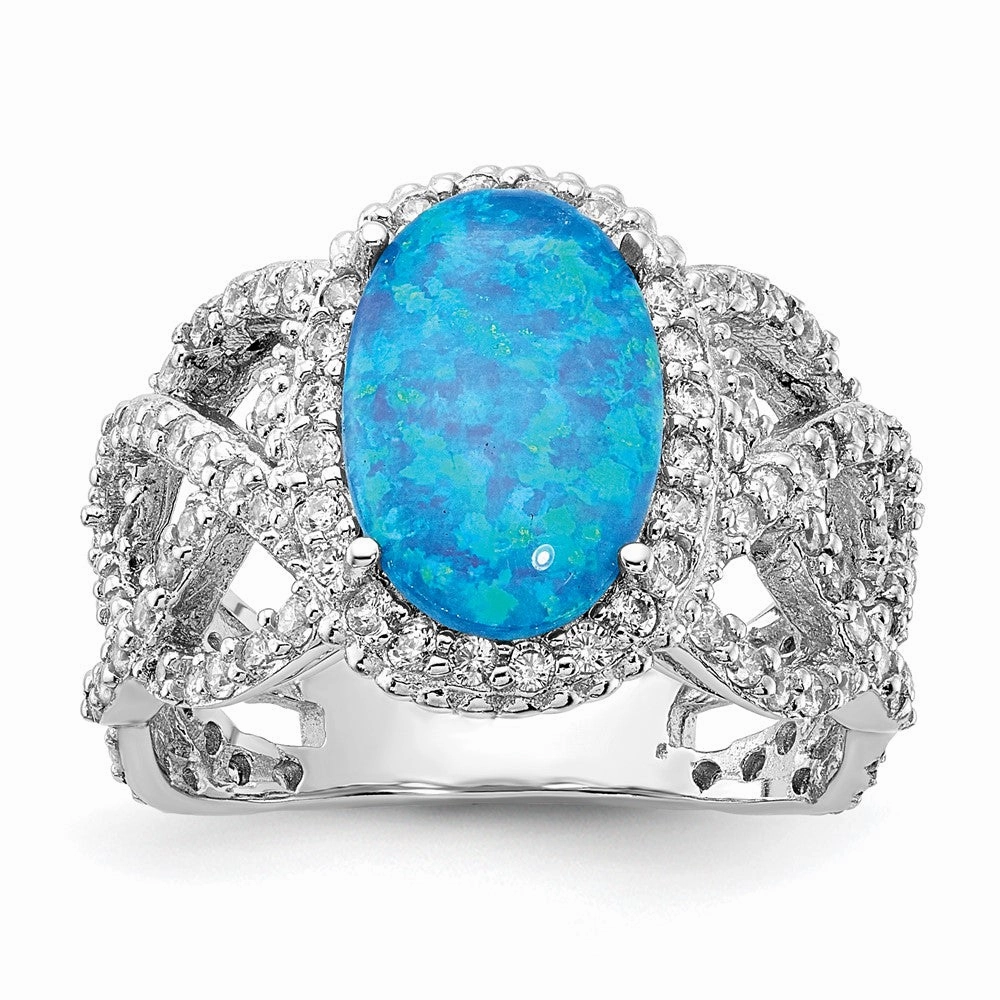 Cheryl M Sterling Silver Rhodium-plated Polished Fancy Blue Lab Created Opal and CZ Ring