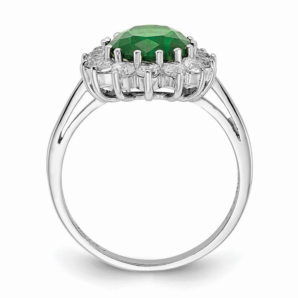 Cheryl M Sterling Silver Rhodium-plated Polished Green Glass and CZ Oval Halo Ring