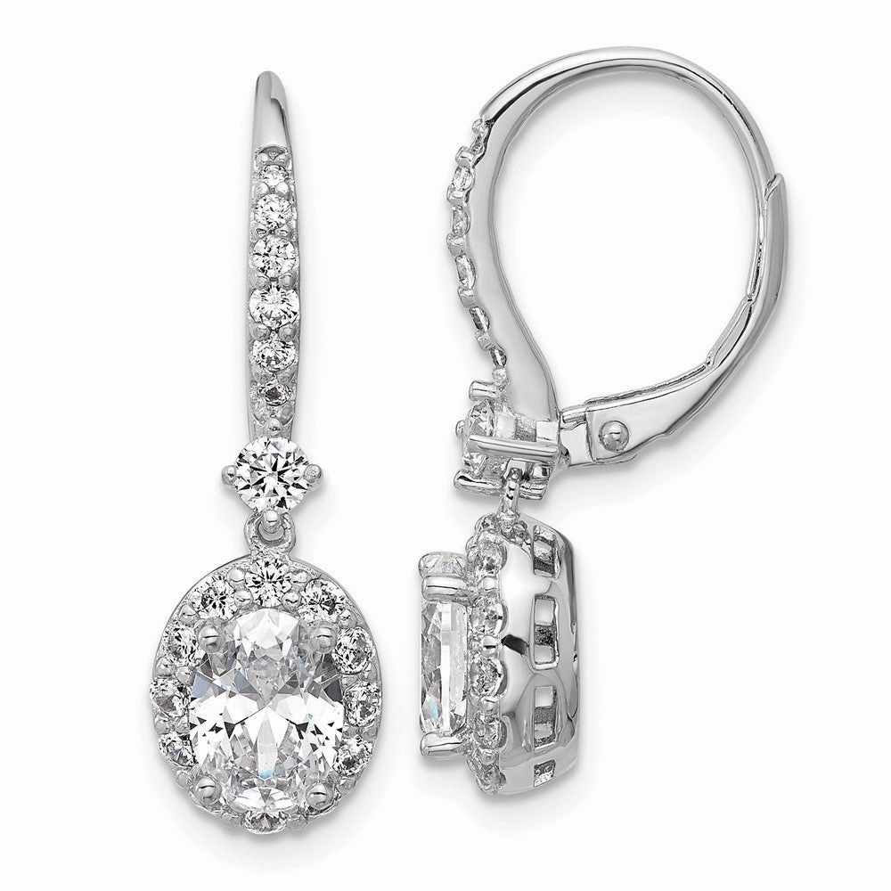 Cheryl M Sterling Silver Rhodium-plated Polished Oval CZ Halo Leverback Dangle Earrings