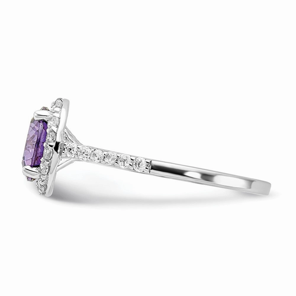 Cheryl M Sterling Silver Rhodium-plated Polished Purple and White CZ Round Halo Ring