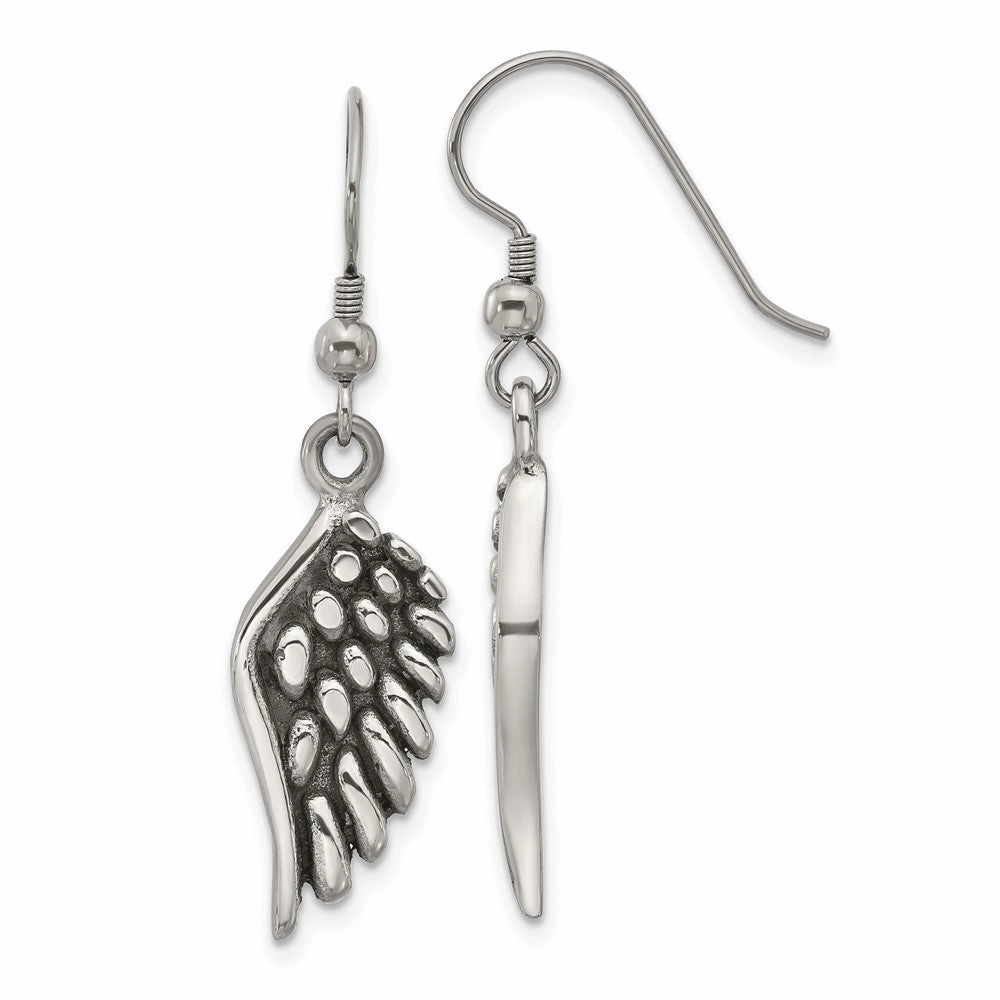 Chisel Stainless Steel Antiqued and Polished Angel Wing Shepherd Hook Earrings