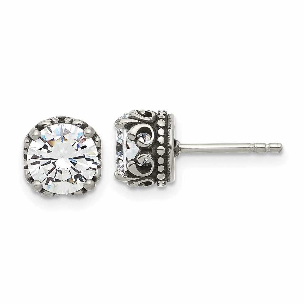 Chisel Stainless Steel Antiqued and Polished CZ Post Earrings