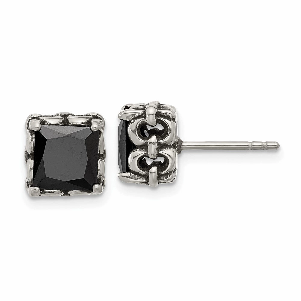 Chisel Stainless Steel Antiqued and Polished Square Black CZ Stud Earrings
