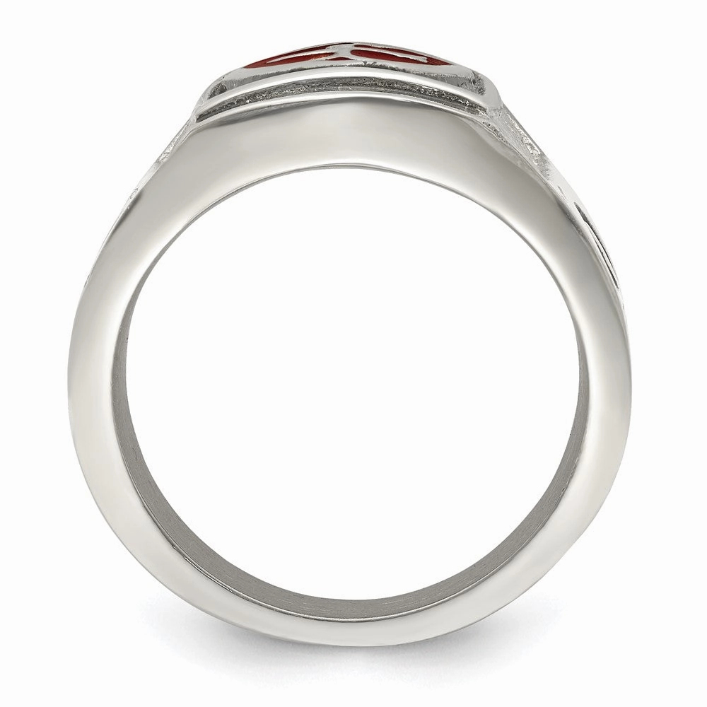 Chisel Stainless Steel Antiqued and Polished with Red Enamel Cross and Shield Ring