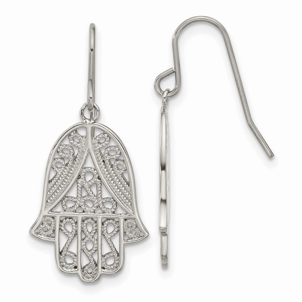 Chisel Stainless Steel Polished and Textured Hamsa Dangle Shepherd Hook Earrings