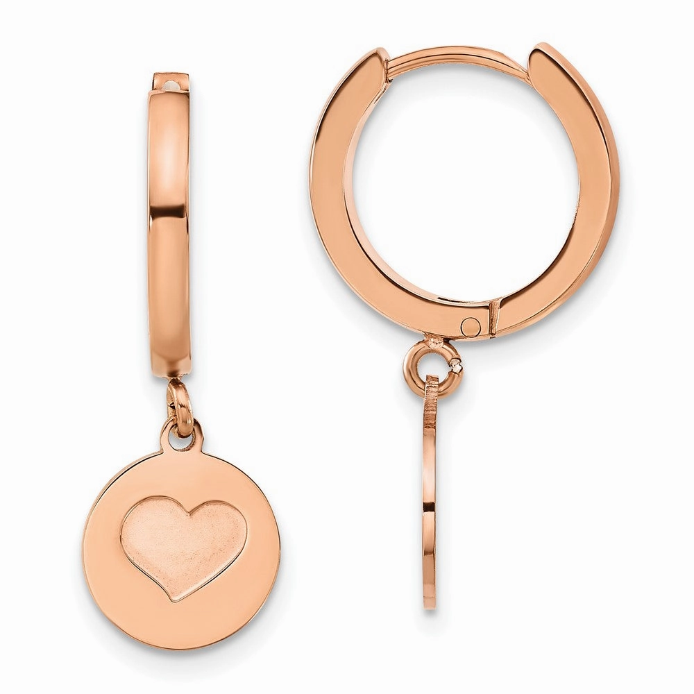 Chisel Stainless Steel Polished Rose IP-plated Heart Dangle Hoop Earrings