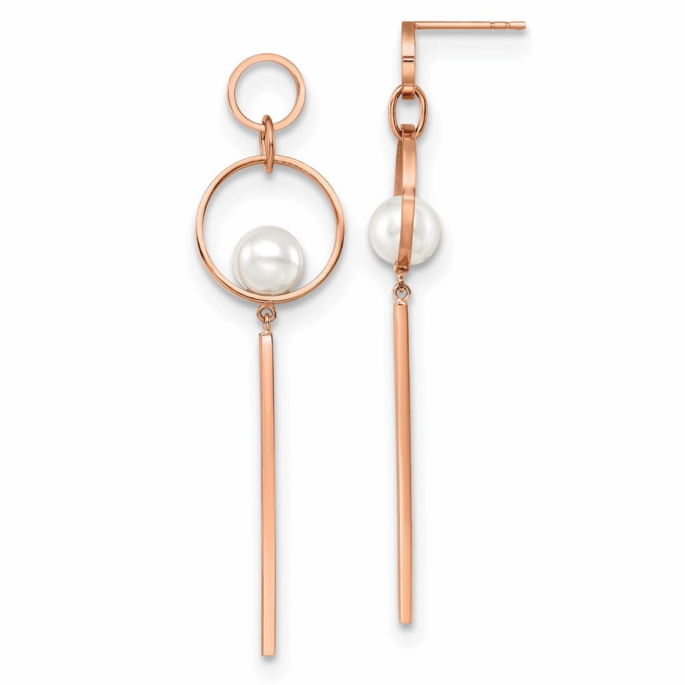 Chisel Stainless Steel Polished Rose IP-plated Simulated Pearl Post Dangle Earring