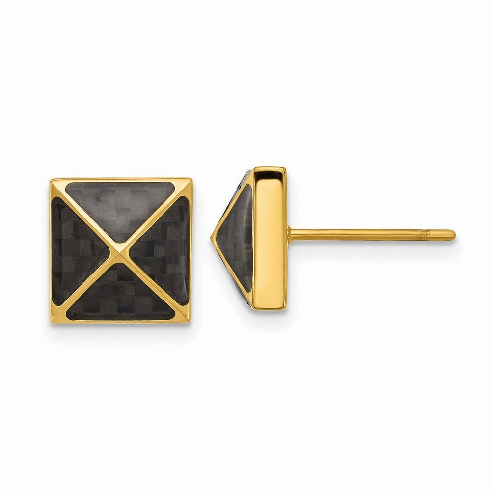 Chisel Stainless Steel Polished Yellow IP-plated Black Carbon Fiber Inlay Pyramid Stud Earrings