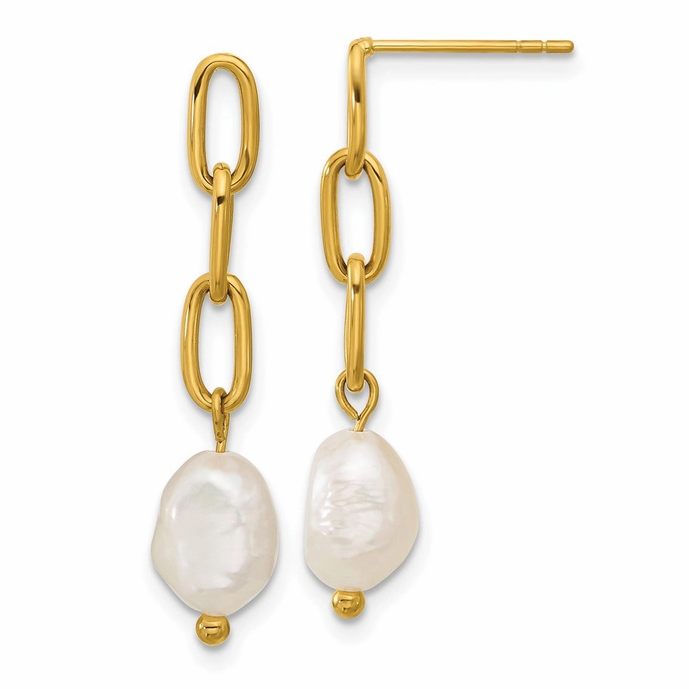 Chisel Stainless Steel Polished Yellow IP-plated Open Chain with Freshwater Cultured Pearl Post Dangle Earrings