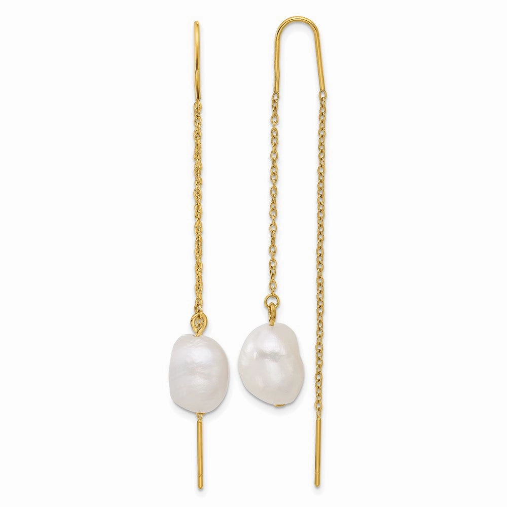 Chisel Stainless Steel Polished Yellow IP-plated White Freshwater Cultured Pearl Dangle Threader Earrings