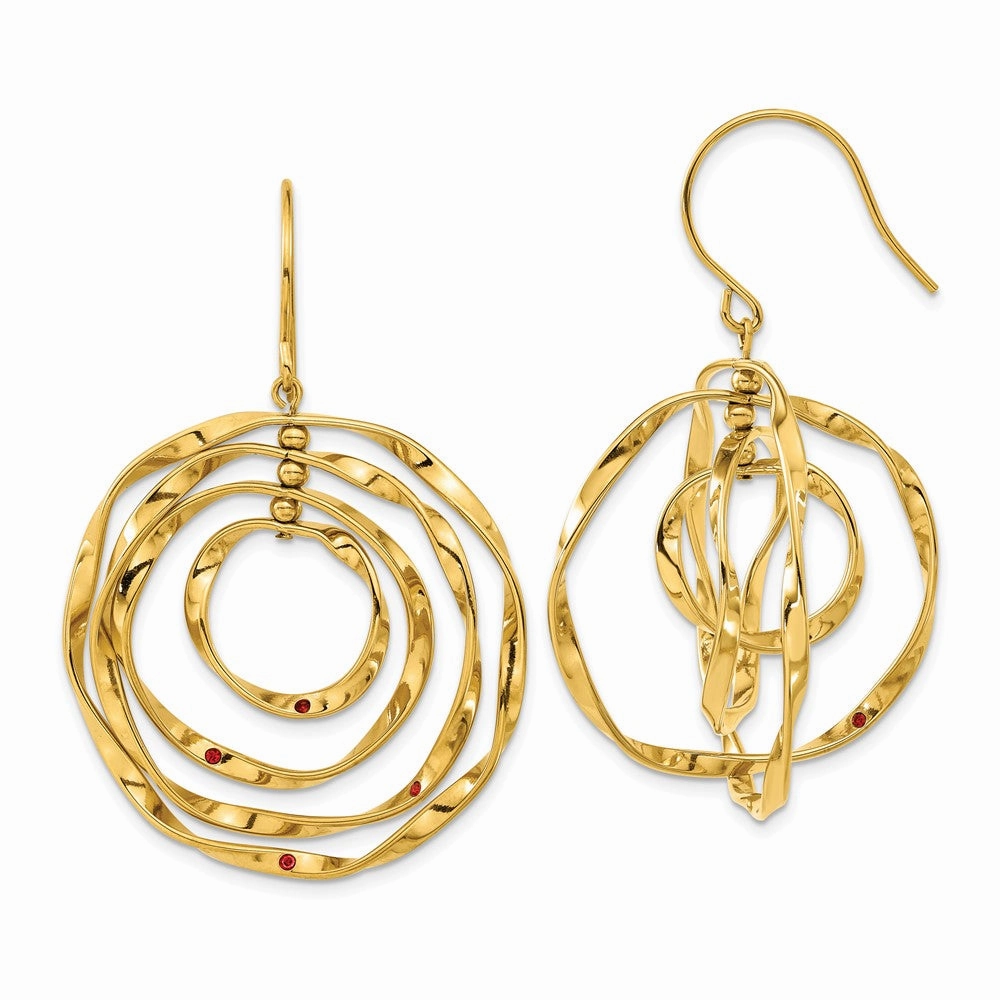 Chisel Stainless Steel Polished Yellow IP-plated with Red Preciosa Crystal Wavy Dangle Shepherd Hook Earrings