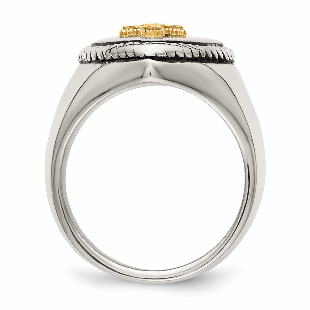 Chisel Stainless Steel with 14k Gold Accent Antiqued and Polished Cross on Shield Ring