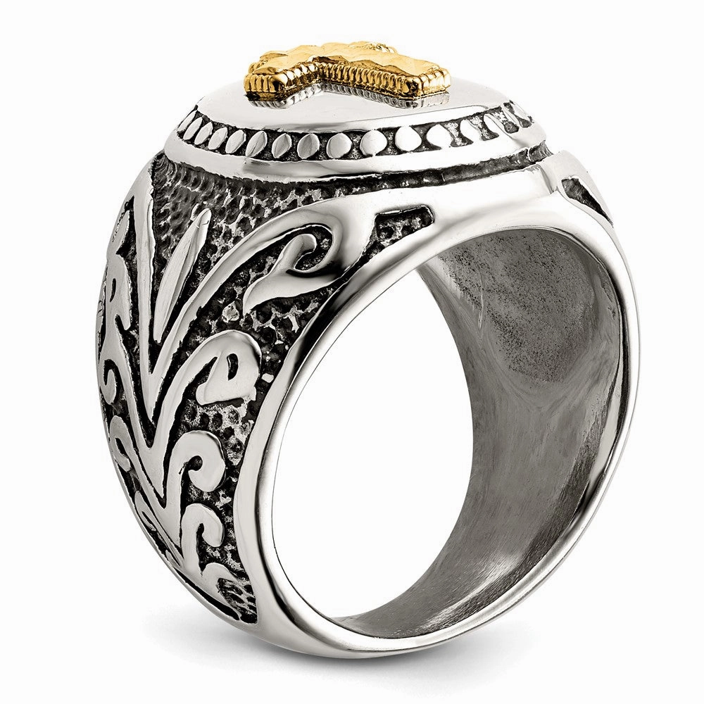 Chisel Stainless Steel with 14k Gold Accent Antiqued and Polished Cross Ring