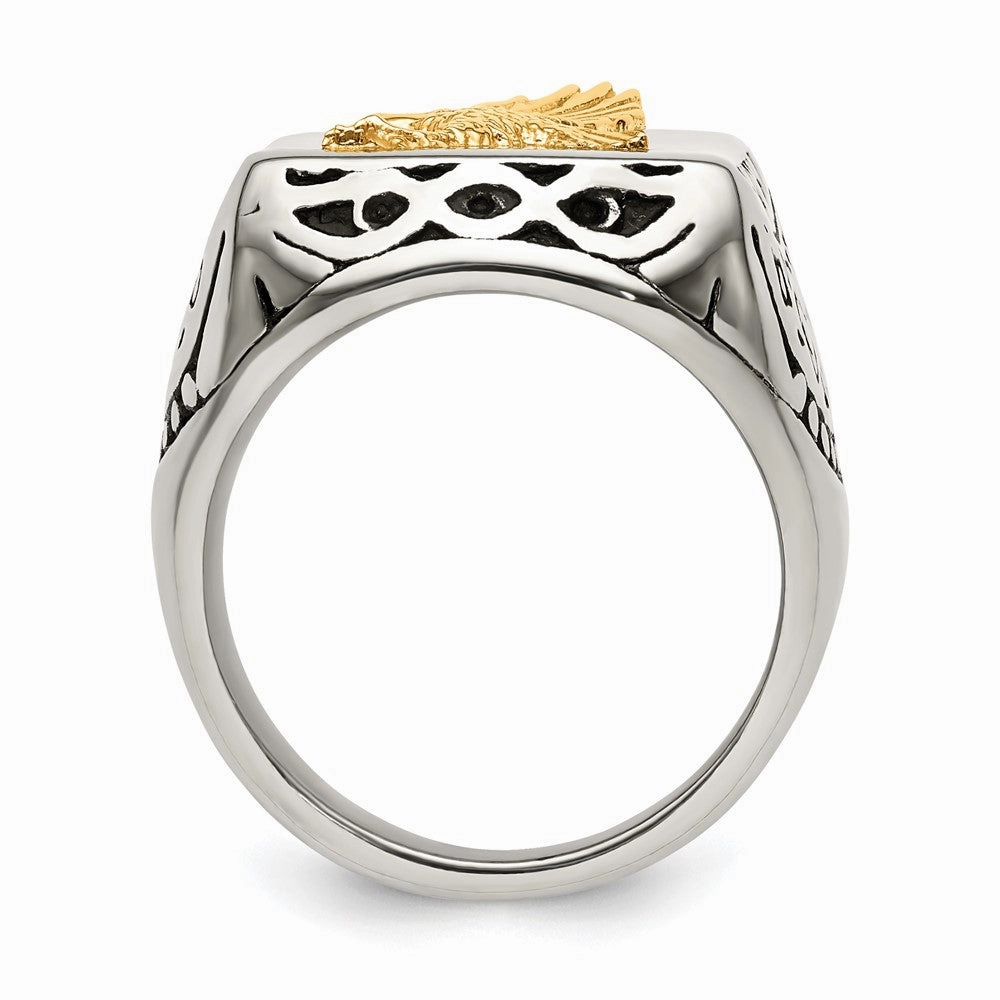 Chisel Stainless Steel with 14k Gold Accent Antiqued and Polished Eagle Ring