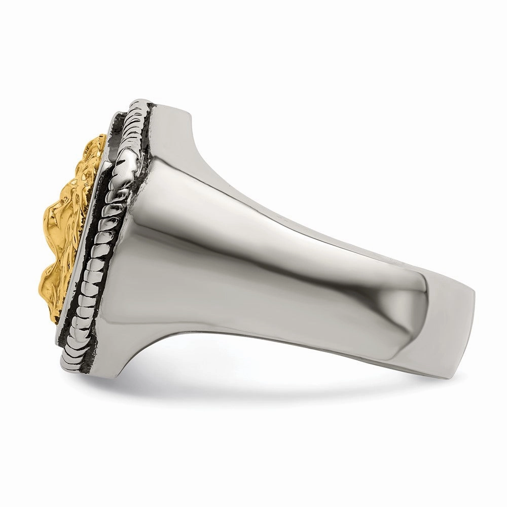 Chisel Stainless Steel with 14k Gold Accent Antiqued and Polished Lion on Shield Ring