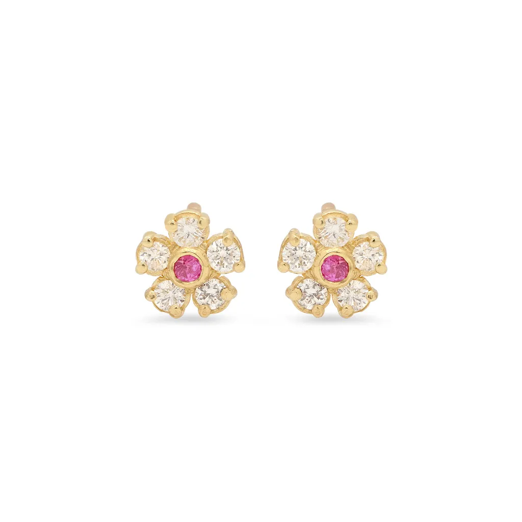 Diamond Flower Studs with Pink Sapphire Center