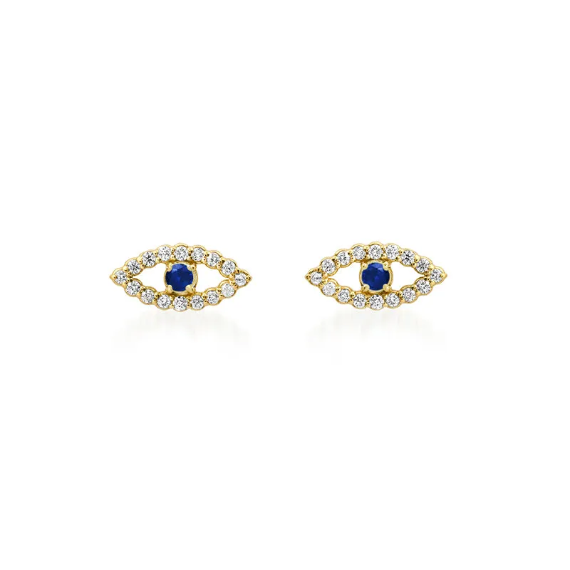 Diamond Mini Open Evil Eye Studs with Sapphire Center