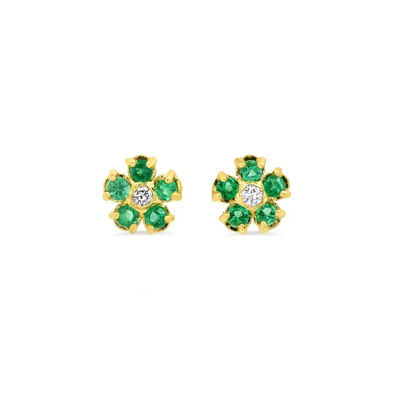 Emerald Flower Studs with Diamond Center