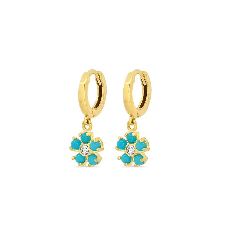 Huggies with Mini Turquoise and Diamond Flower Drop