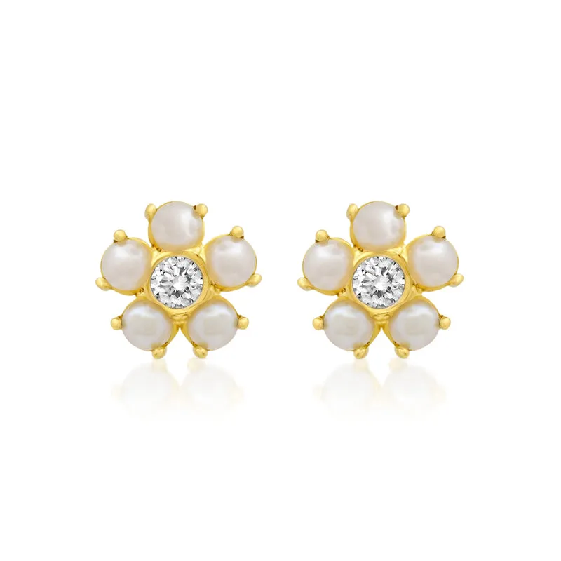 Large Pearl Flower Studs with Diamond Center