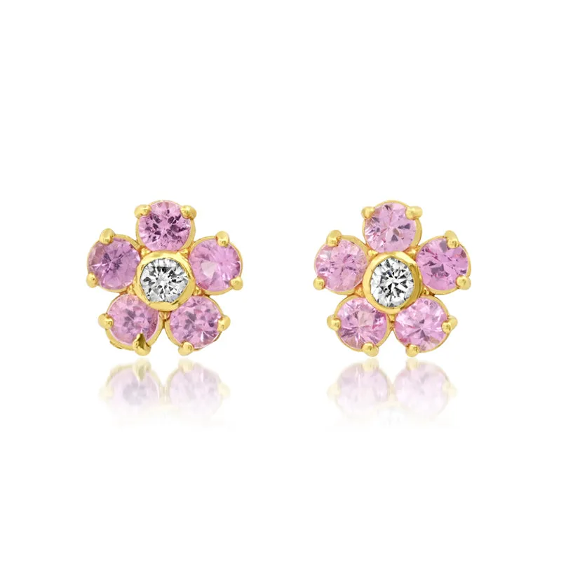 Large Pink Sapphire Flower Studs with Diamond Center
