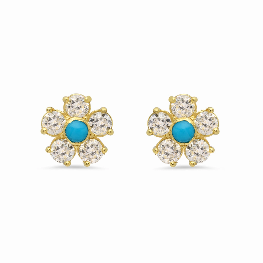 Large Diamond Flower Studs with Turquoise Center