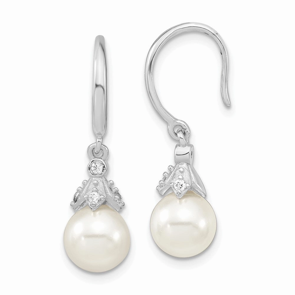Majestic Sterling Silver Rhodium-plated 8-9mm White Imitation Shell Pearl CZ Dangle Earrings