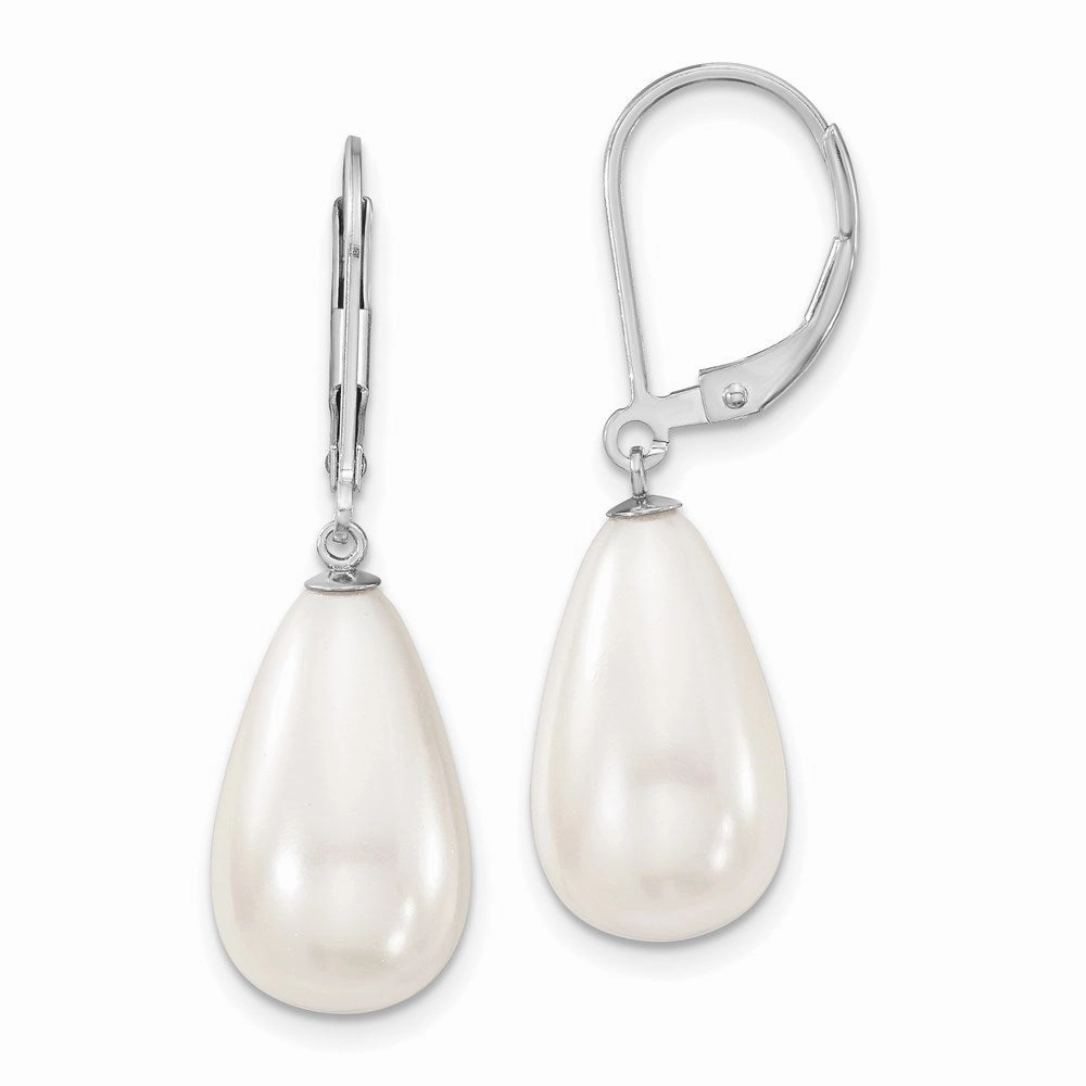 Majestik Sterling Silver Rhodium-plated 10x18mm Teardrop White Imitation Shell Pearl Leverback Dangle Earrings