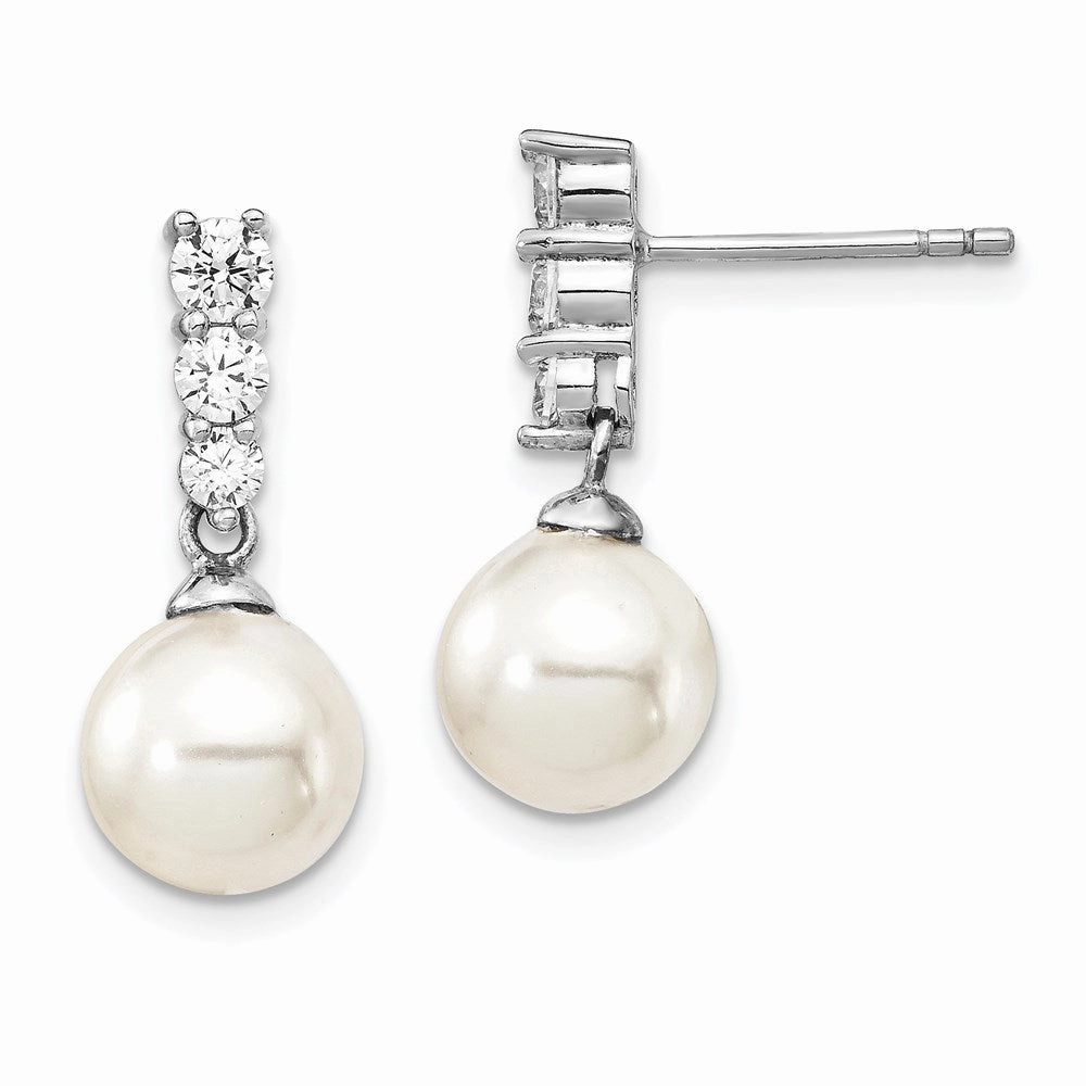 Majestik Sterling Silver Rhodium-plated 8-9mm Imitation Shell Pearl CZ Dangle Earrings