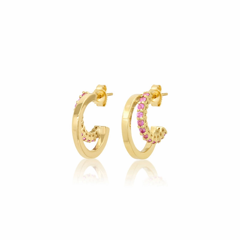 Mini Double Hoop with 4-Prong Pink Sapphire Accent