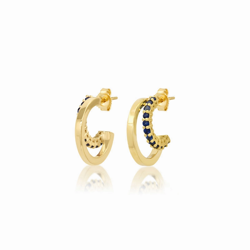 Mini Double Hoops with 4-Prong Blue Sapphire Accent