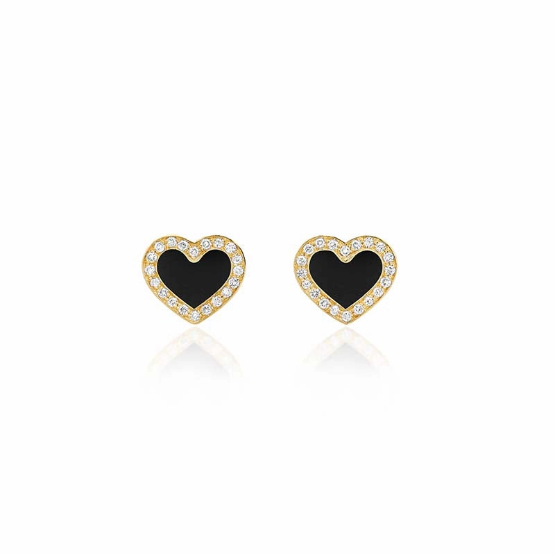 Onyx Inlay Heart Studs with Diamonds
