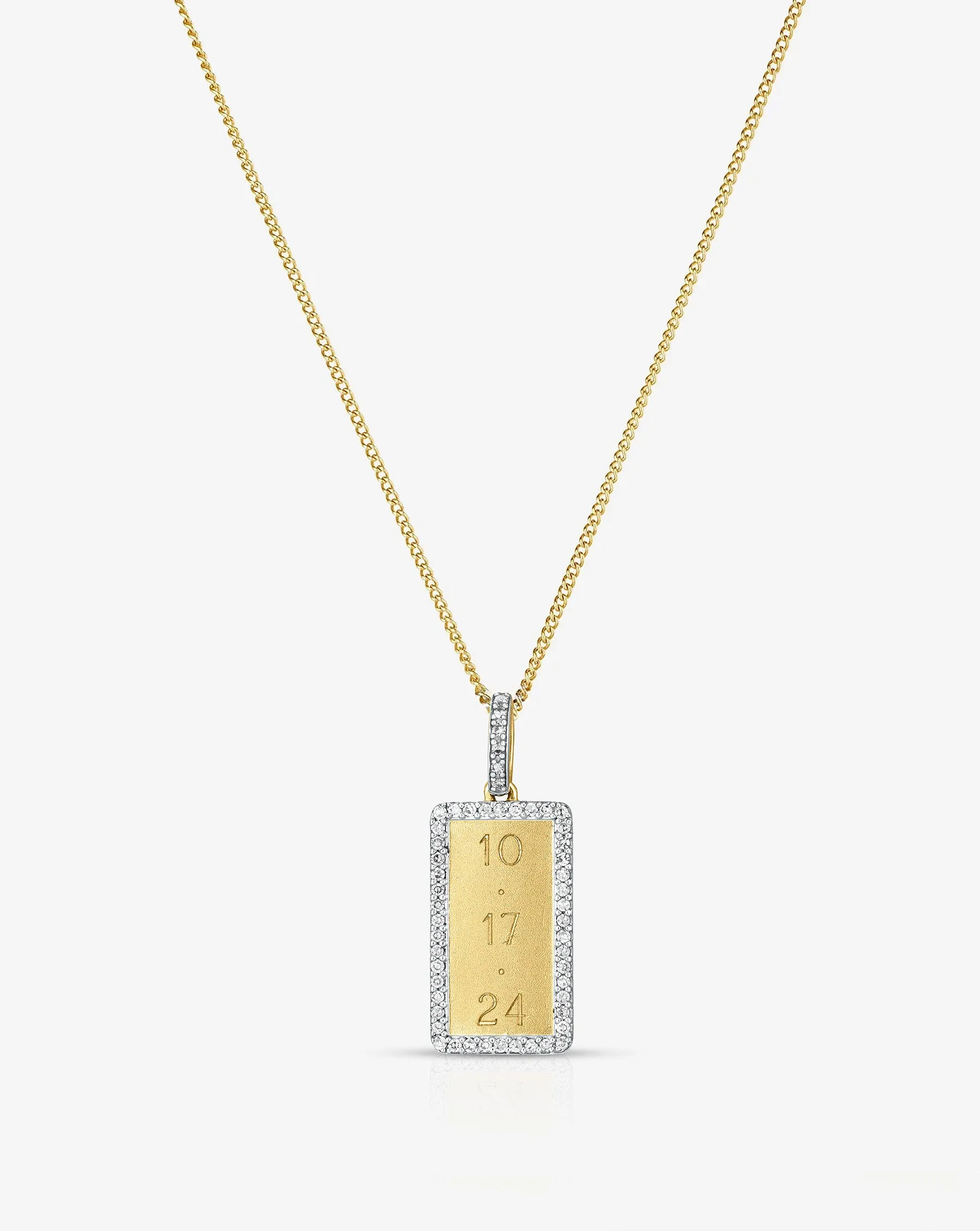 Pav Border Engravable Rectangle Pendant Necklace
