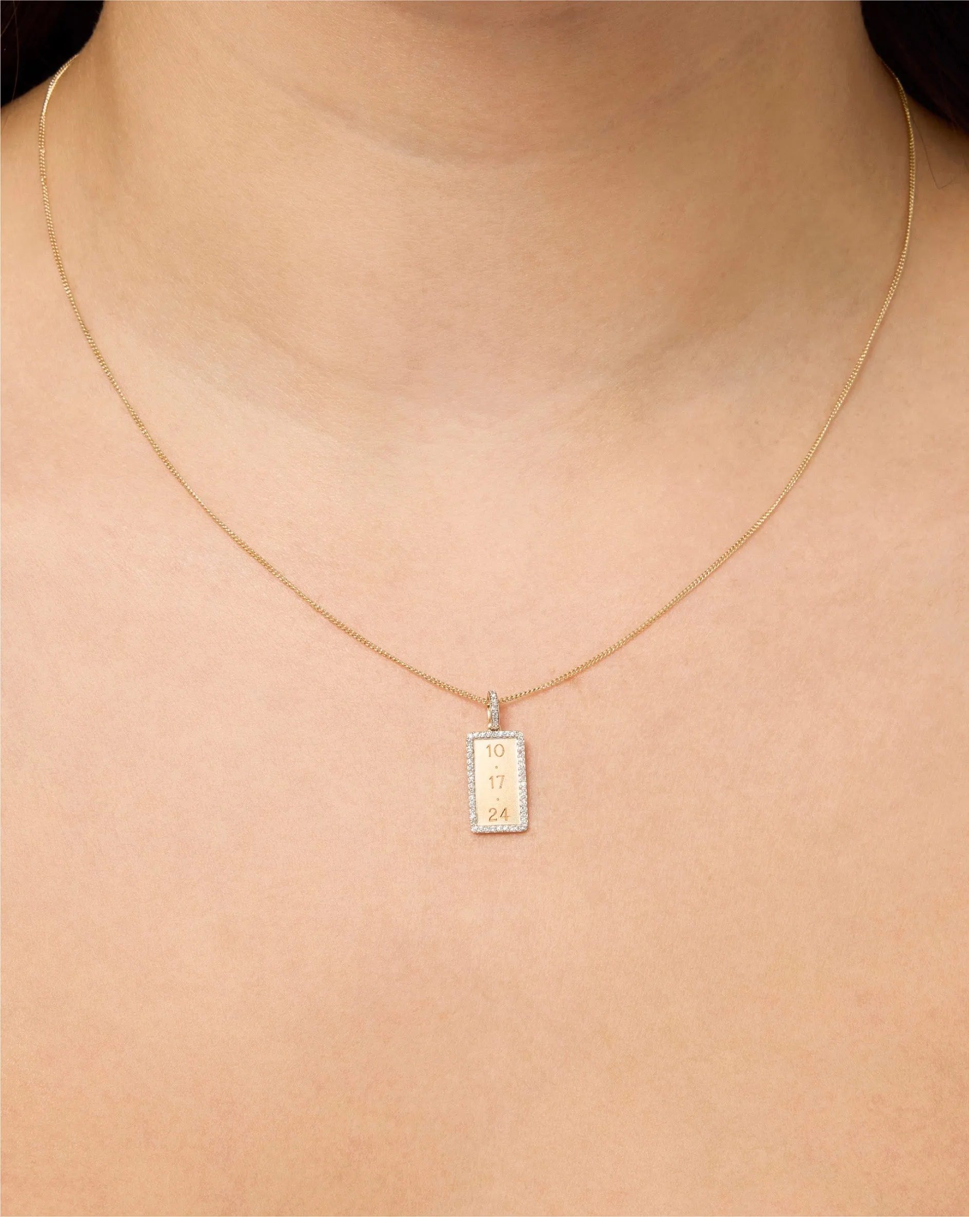 Pav Border Engravable Rectangle Pendant Necklace