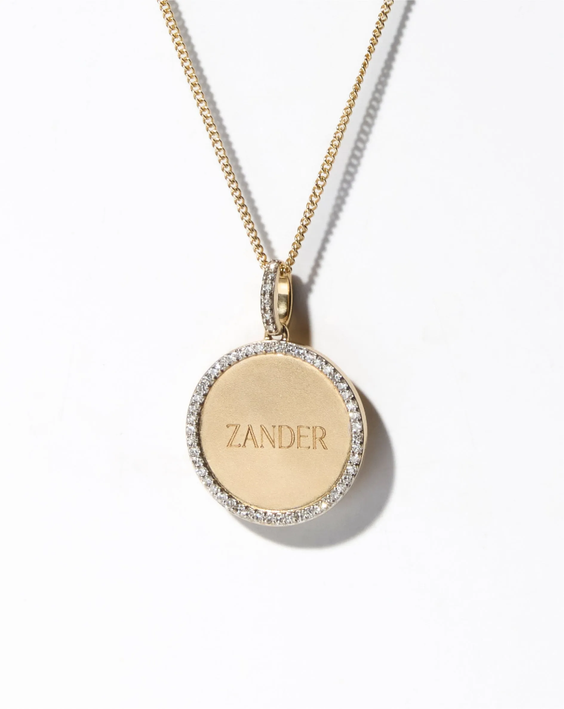 Pav Border Engravable Round Pendant Necklace